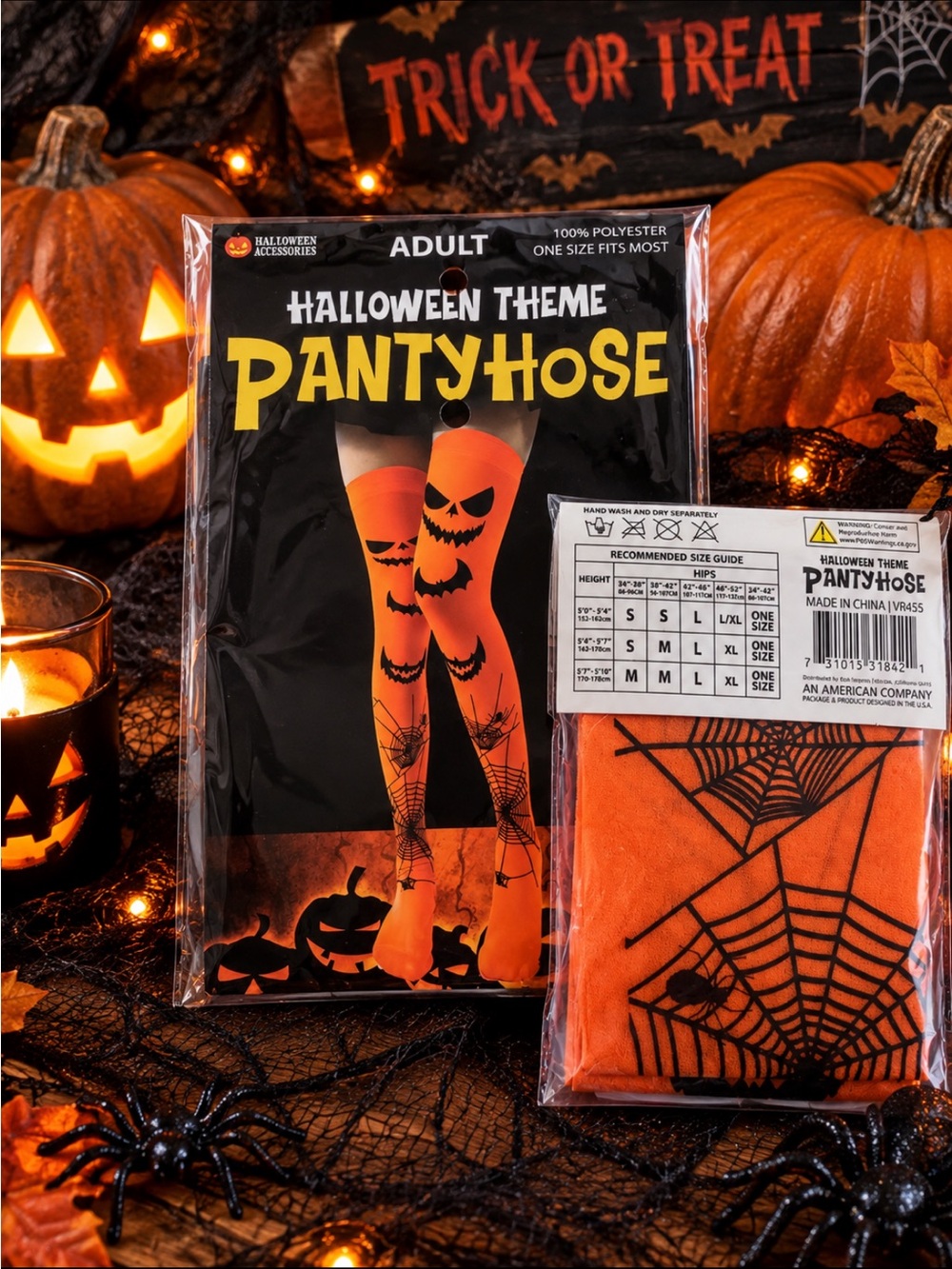 Halloween Theme Orange Spider Web & Jack-O’-Lantern Pantyhose - Adult